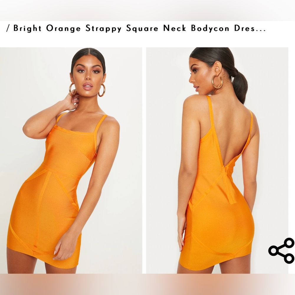 Prettylittlething - square neck bodycon dress - orange